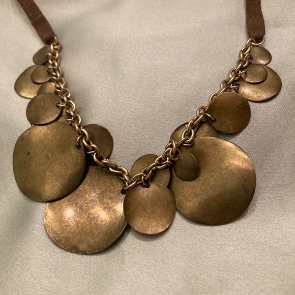 Necklace Brass Discs Brown Suede Cord 18” with 3” Extnsn Lobster Claw Clasp VGUC - Picture 4 of 12